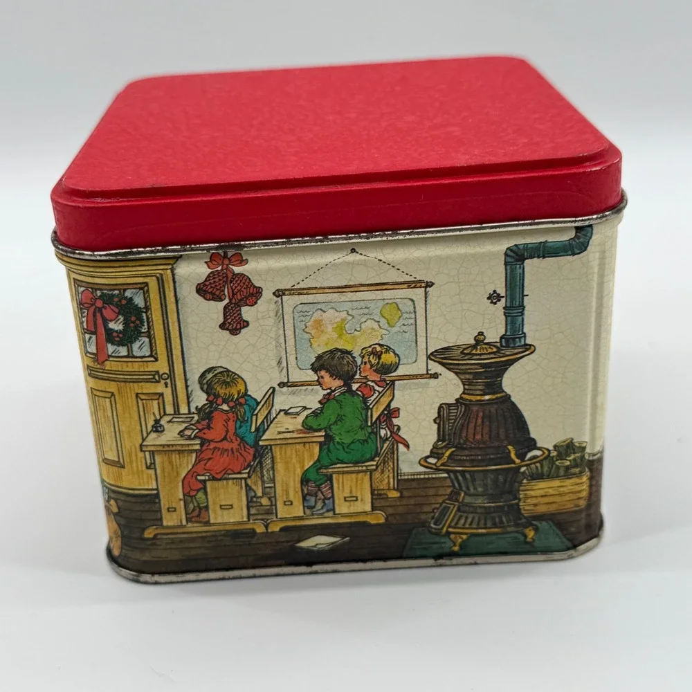 Vintage 80s Christmas Schoolhouse Tin Box Santa Teacher Classroom Decor Santa‎